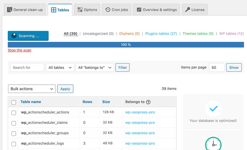 Wordpress Advanced Database Cleaner Scanning Tables