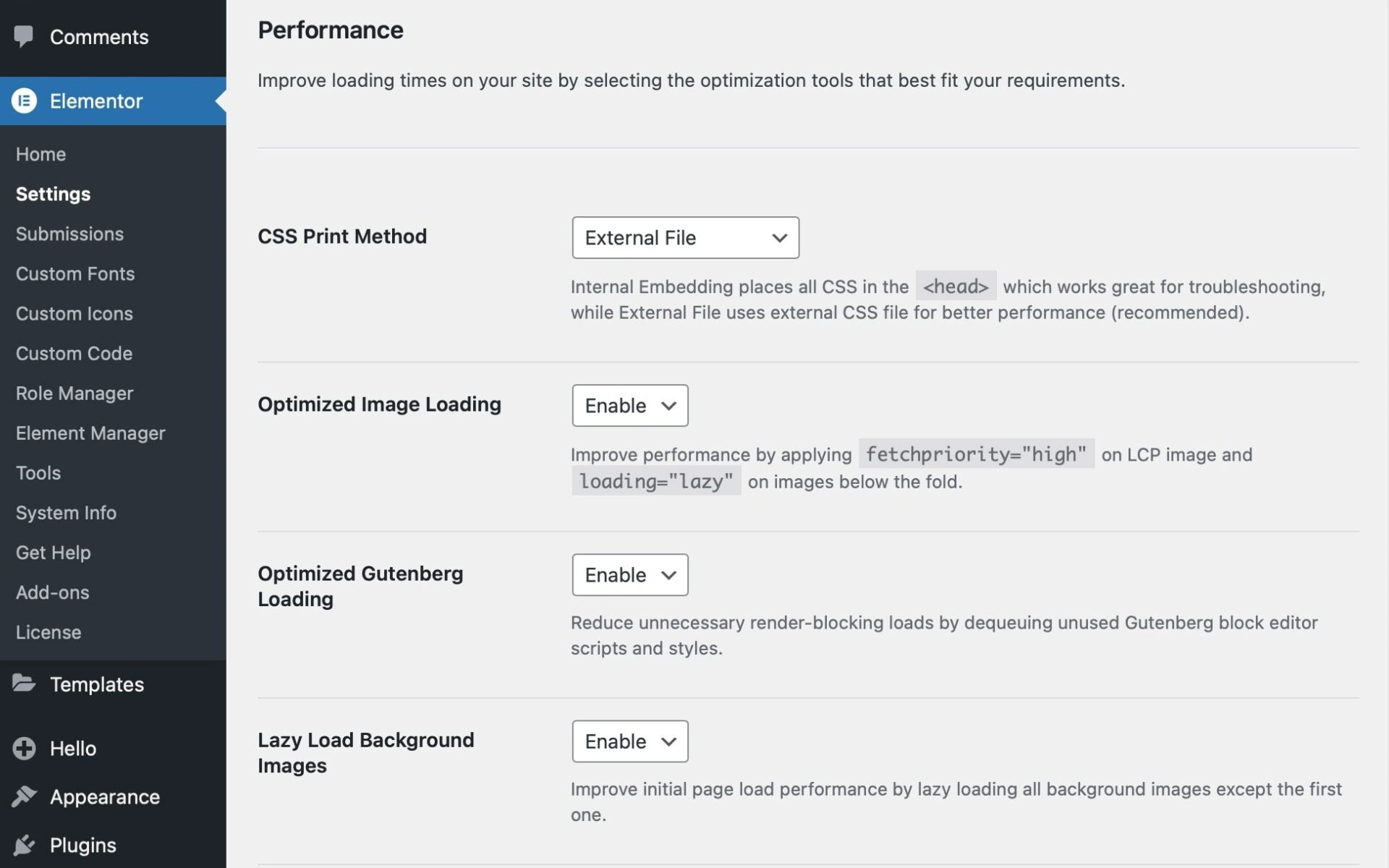 elementor settings performance