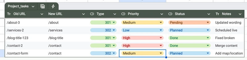 redirect mapping spreadsheet