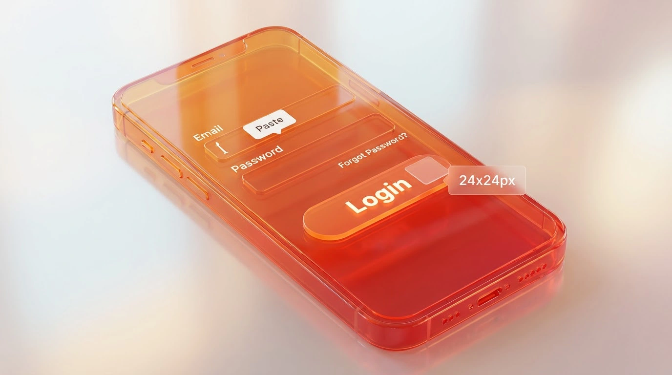 Mobile phone screen showing accessible login features including large buttons and password paste support.