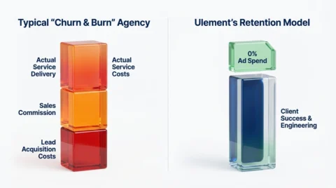 Bar chart comparing agency fee allocation, highlighting Ulement reinvests marketing costs into client service.