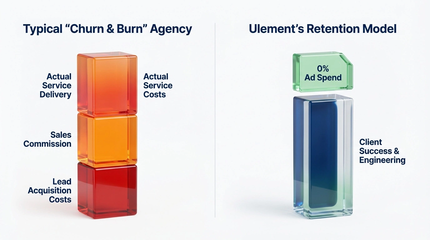 Bar chart comparing agency fee allocation, highlighting Ulement reinvests marketing costs into client service.