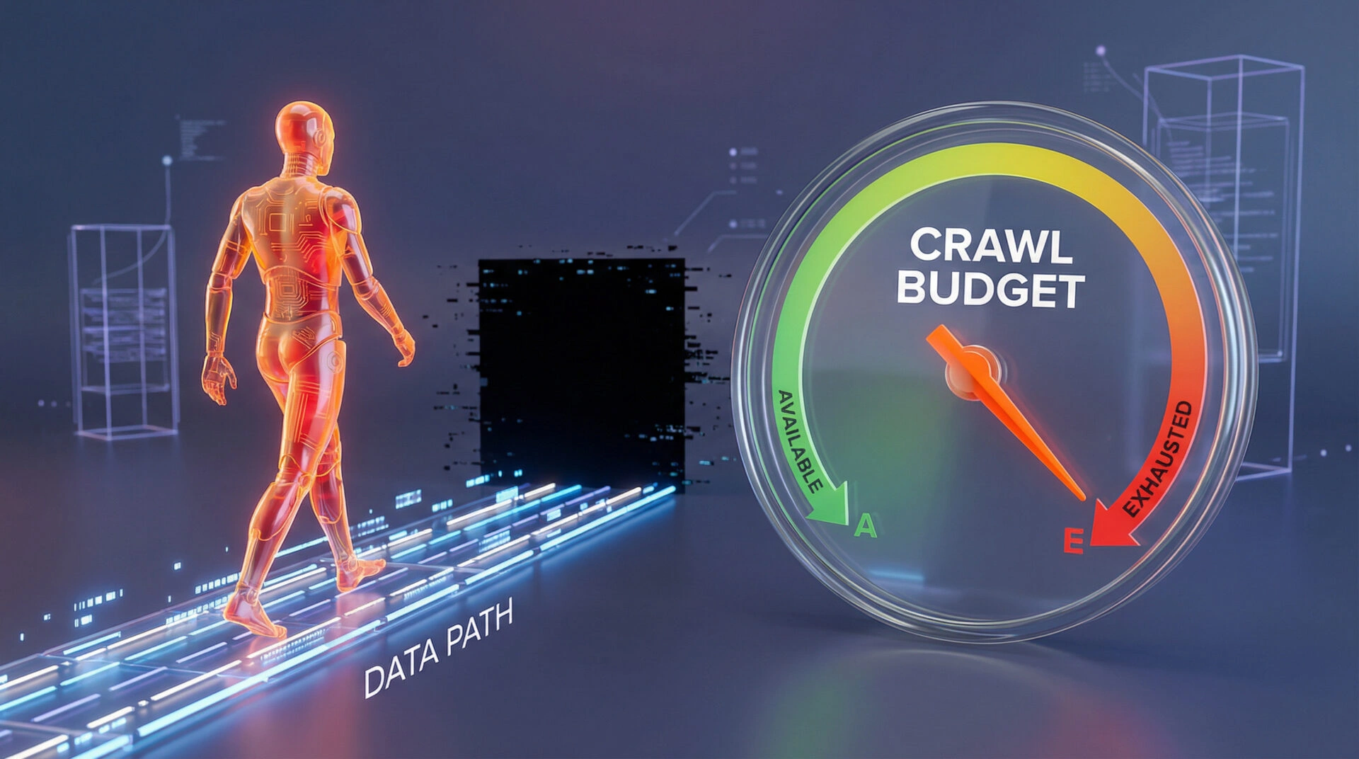 An AI bot crawler hitting a dead end path with a meter showing depleted crawl budget.