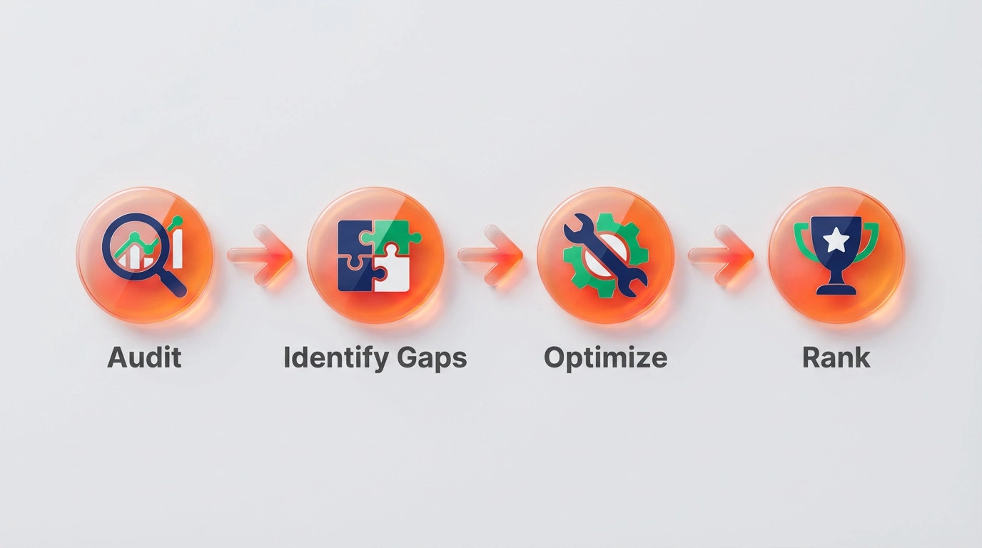 Four-step process chart showing audit, identification, optimization, and ranking File