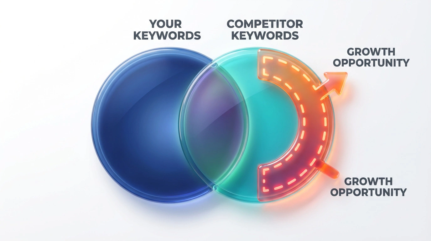 Venn diagram showing the intersection of your keywords and competitor keywords with the content gap highlighted
