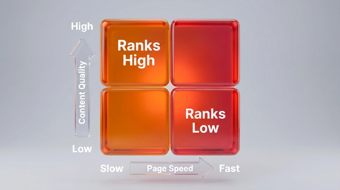 A matrix diagram showing that high quality content with moderate speed ranks better than low quality content with high speed. File Name: content-vs-speed-matrix