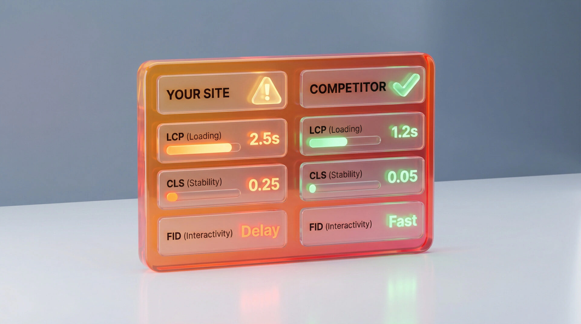 Technical SEO dashboard comparing site speed and core web vitals scores