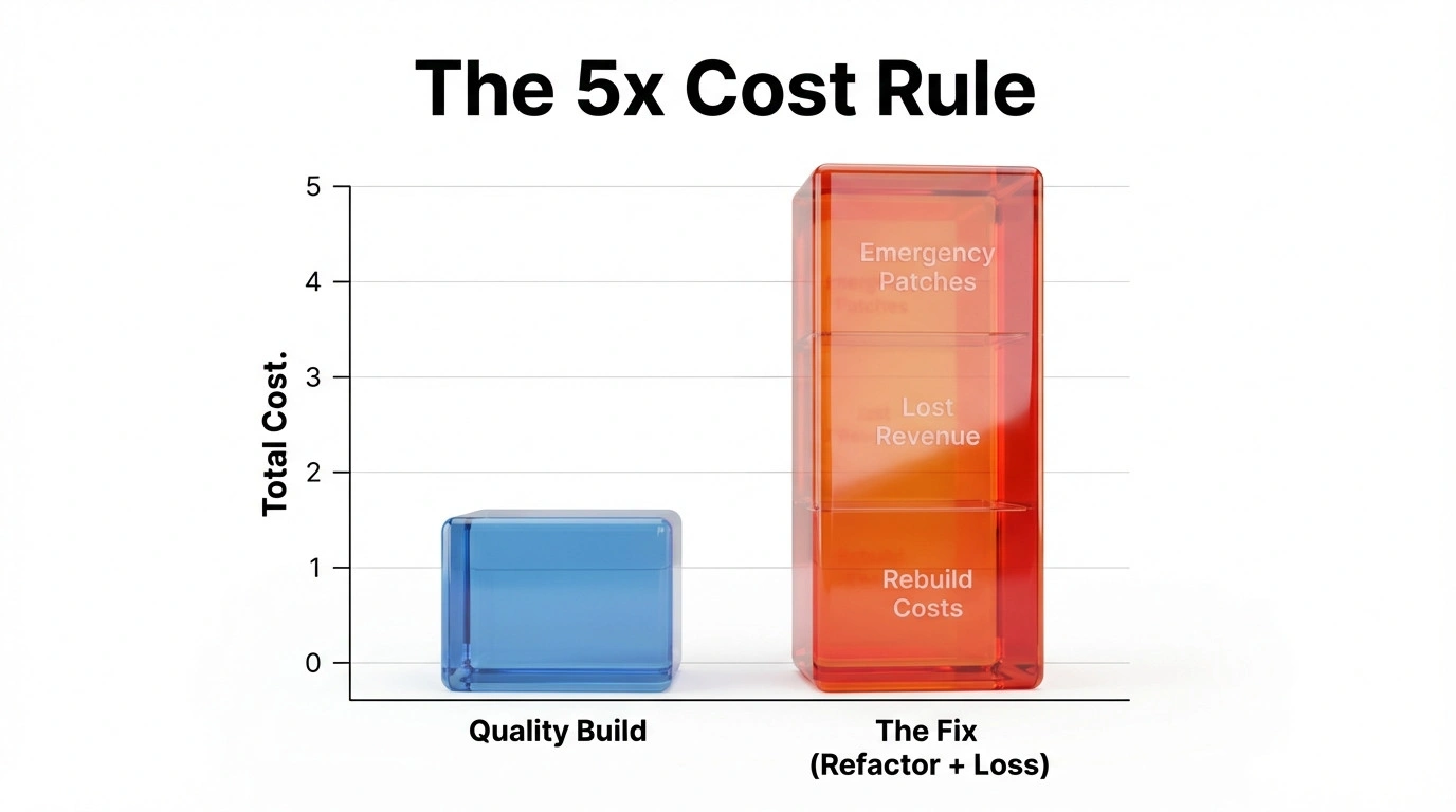 Bar chart showing that the cost of fixing a broken site is five times higher than the cost of an initial quality build.