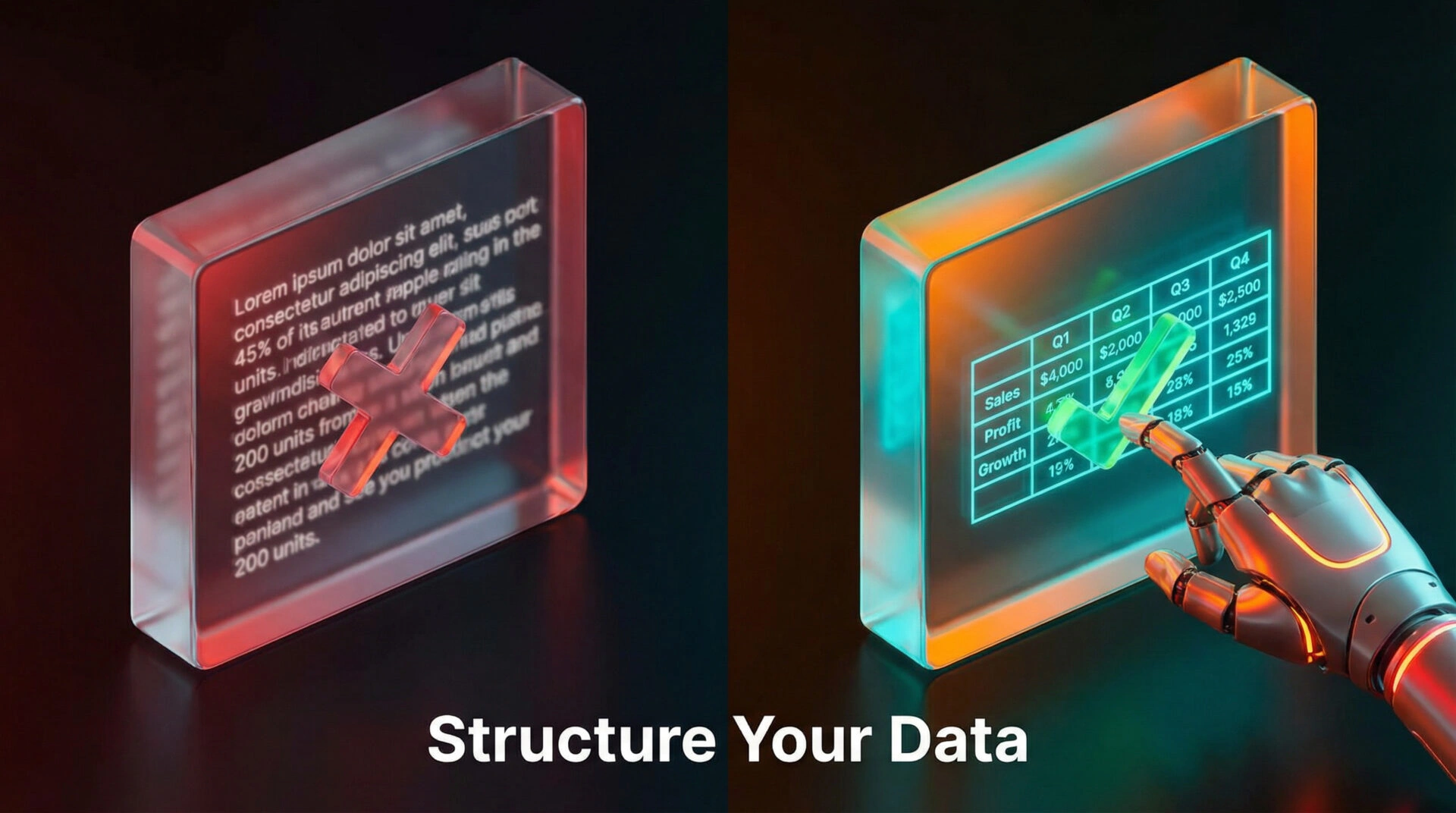 Comparison of unstructured text versus a structured HTML table for data presentation.