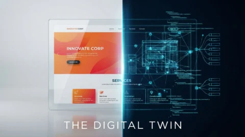 Split screen showing a website's visual design versus its structural data blueprint