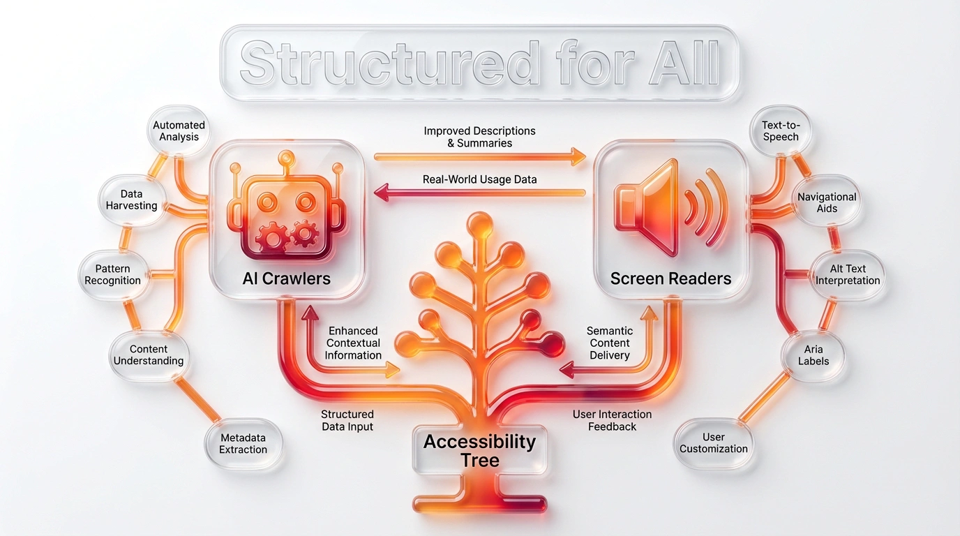 Diagram showing a website DOM tree feeding into an accessibility tree used by both AI crawlers and screen readers