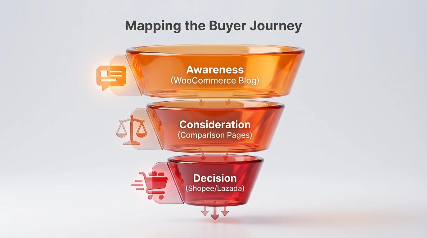 Funnel diagram illustrating the buyer journey stages mapped to relevant search queries and e-commerce platforms.