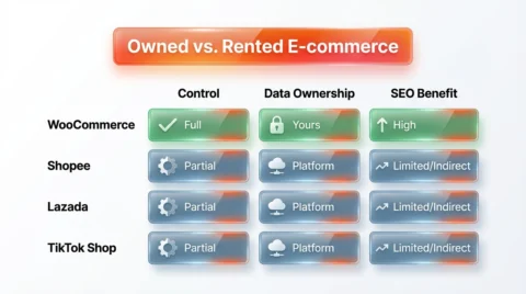 Comparison table showing control levels and data ownership between WooCommerce and major e-commerce marketplaces in Malaysia.