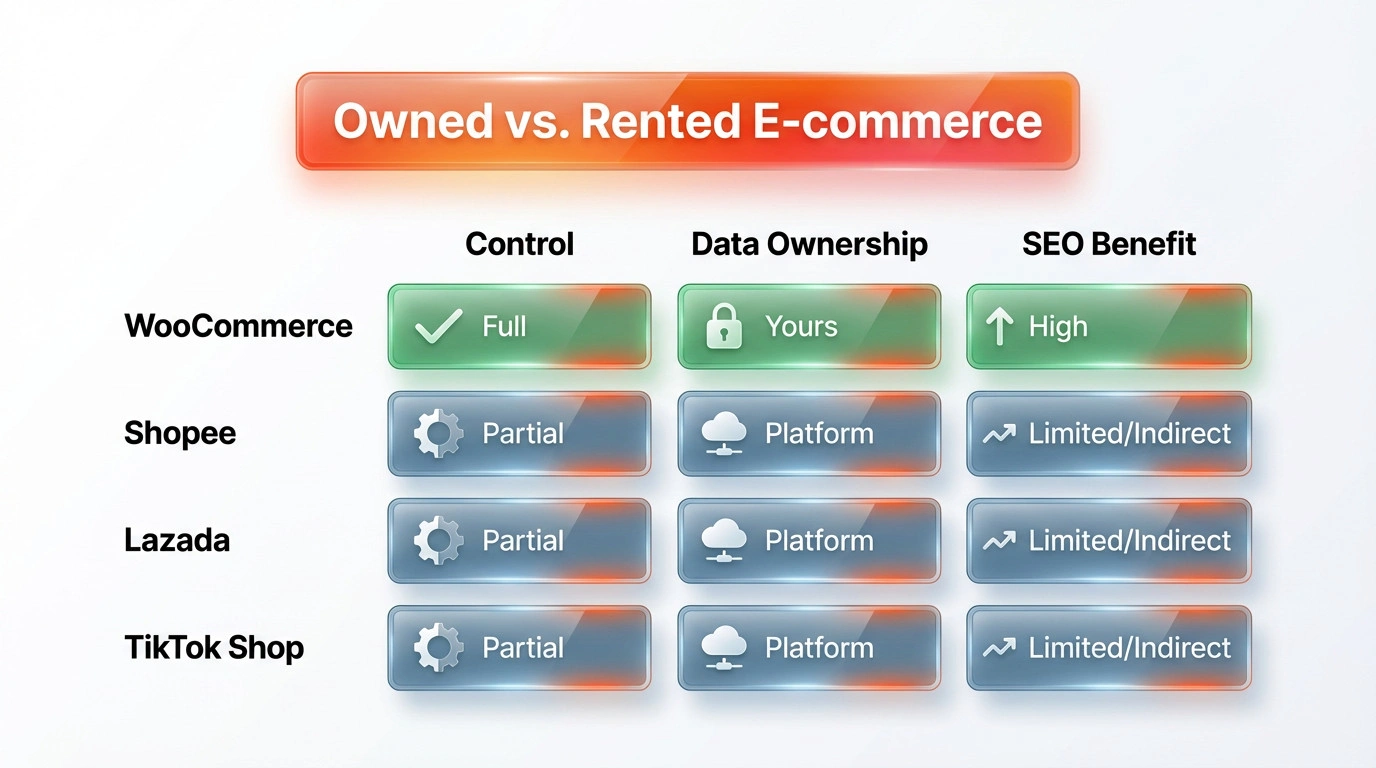 Comparison table showing control levels and data ownership between WooCommerce and major e-commerce marketplaces in Malaysia.