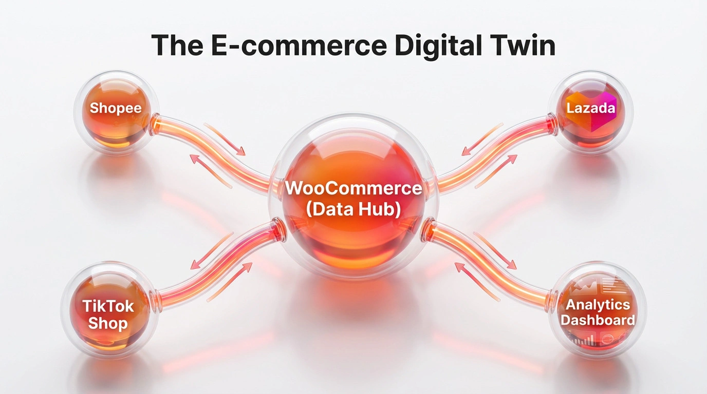 Hub and spoke diagram showing a unified e-commerce architecture with WooCommerce at the center connecting to various marketplaces.