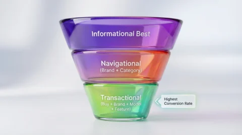 Funnel chart demonstrating the progression from broad informational keywords to long tail transactional keywords for ecommerce