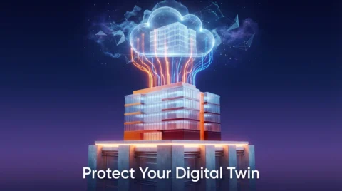Holographic illustration showing a physical office building projecting a glowing digital twin of itself into the cloud.