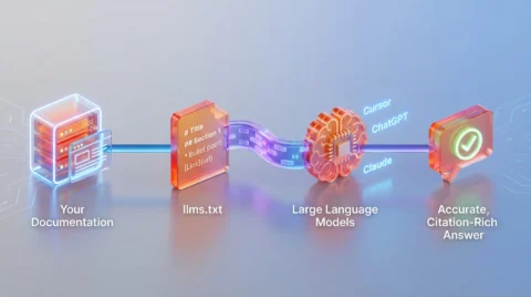 Flowchart illustrating data moving from a website's llms.txt file into AI models and finally to the user.