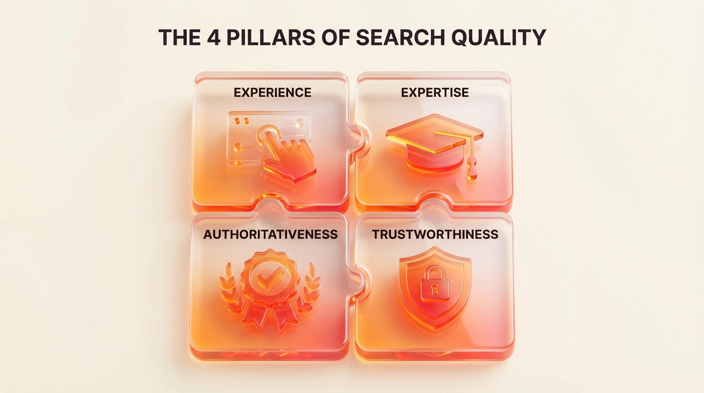 Diagram showing the four components of Google search quality: Experience, Expertise, Authoritativeness, and Trustworthiness