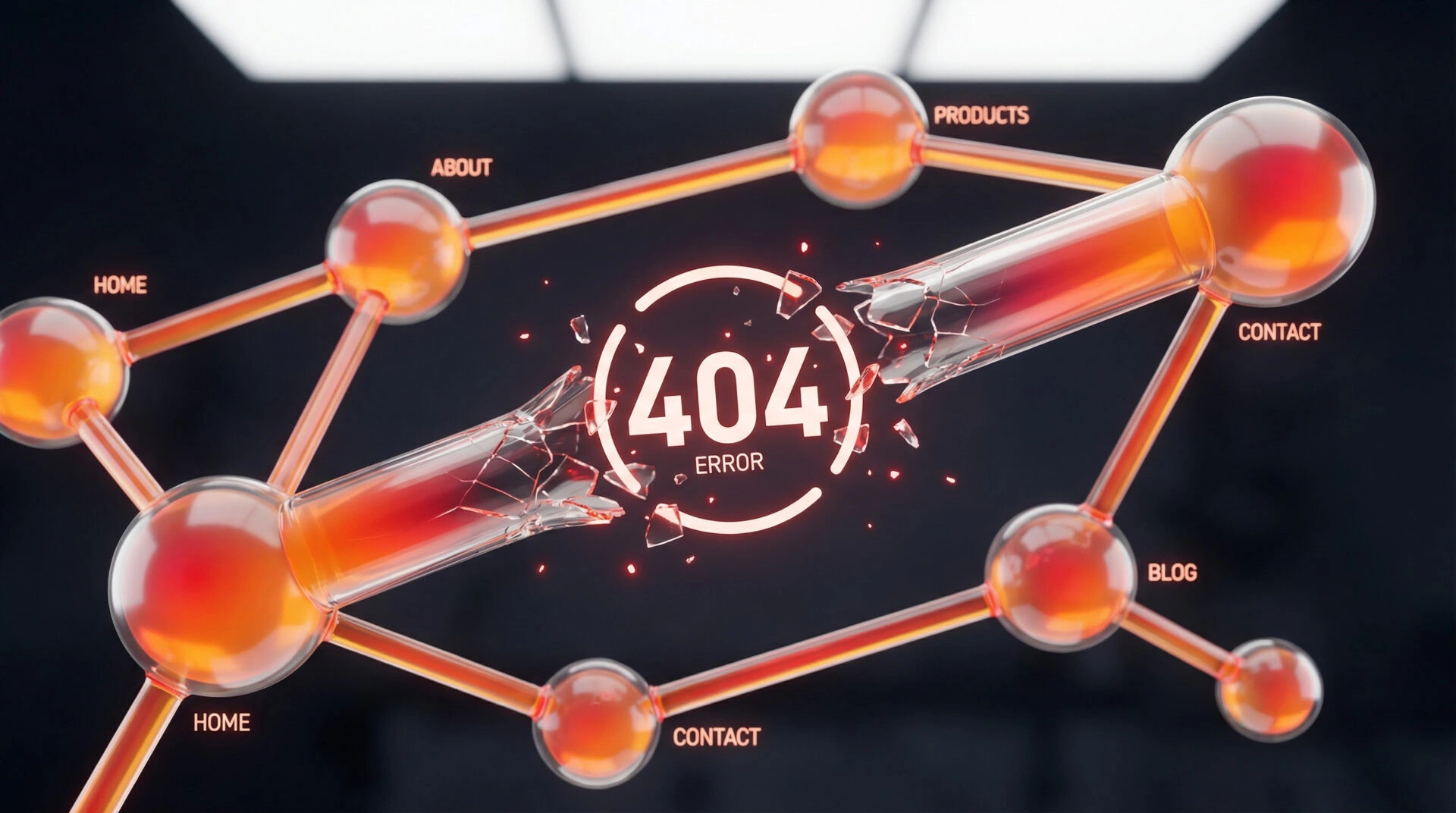 A digital network diagram showing interconnected nodes with a broken link highlighted by a 404 error icon.
