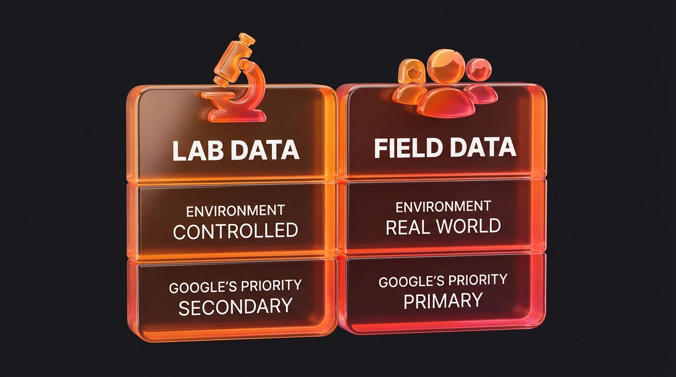 A comparison graphic showing the difference between synthetic lab performance data and real-world field data.