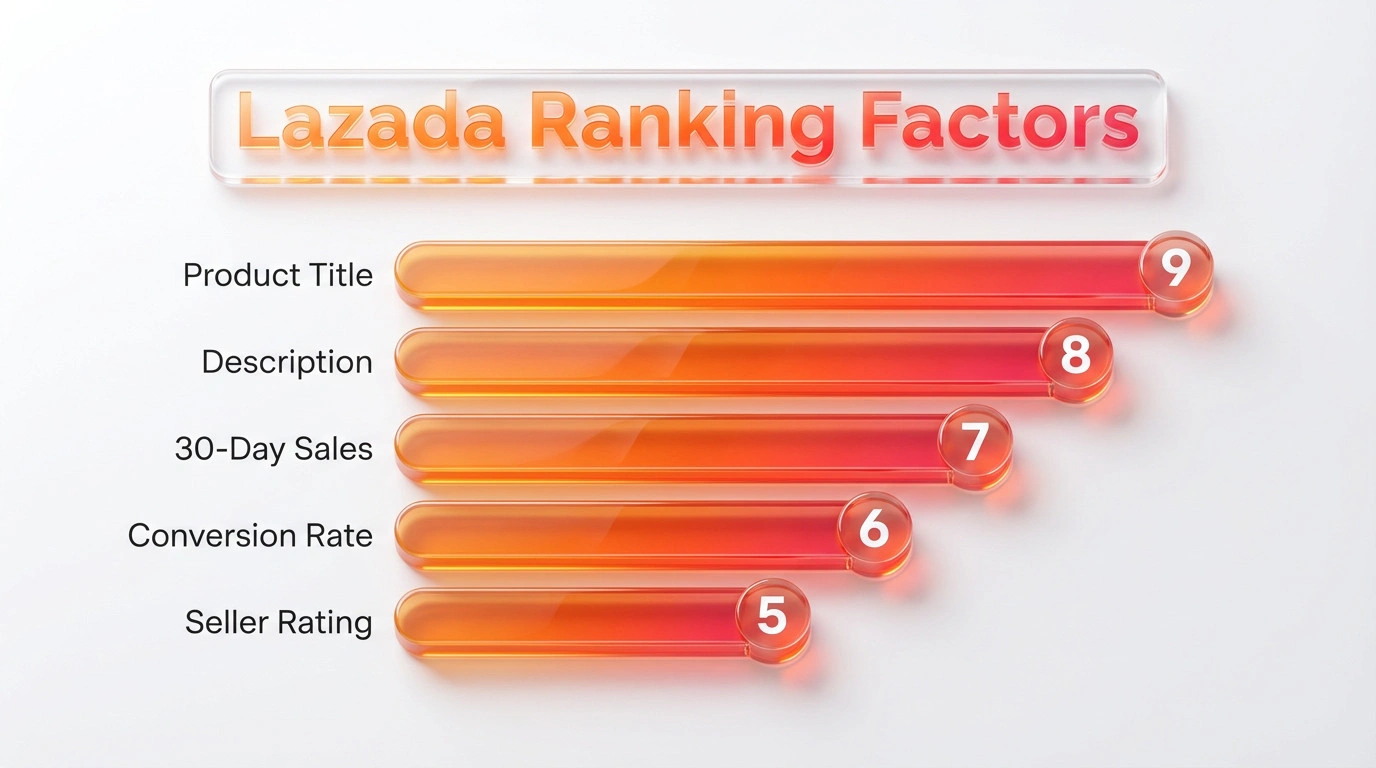 Horizontal bar chart showing the estimated ranking factor weights for the Lazada search algorithm.