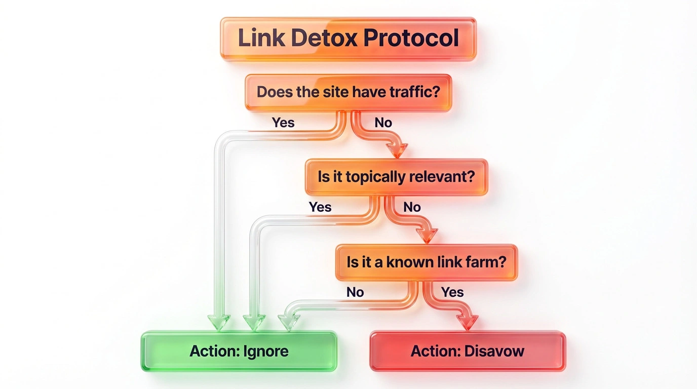 Decision tree flowchart for using the Google Disavow tool, guiding users through traffic checks and relevance filters.