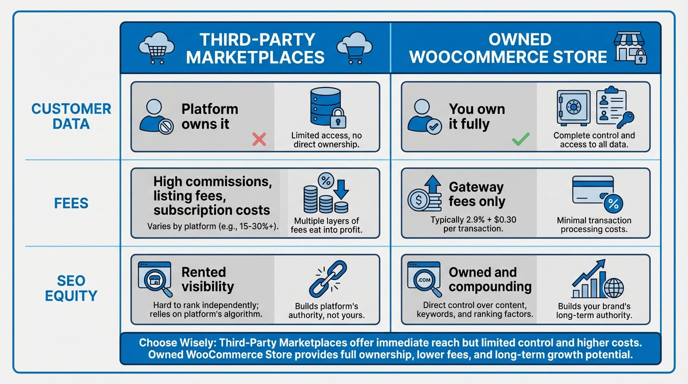 Comparison table showing the benefits of owning a WooCommerce store versus selling on third-party marketplaces in Malaysia