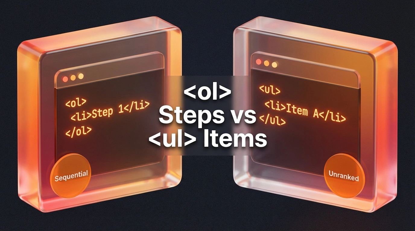 Code snippets showing ordered versus unordered list tags