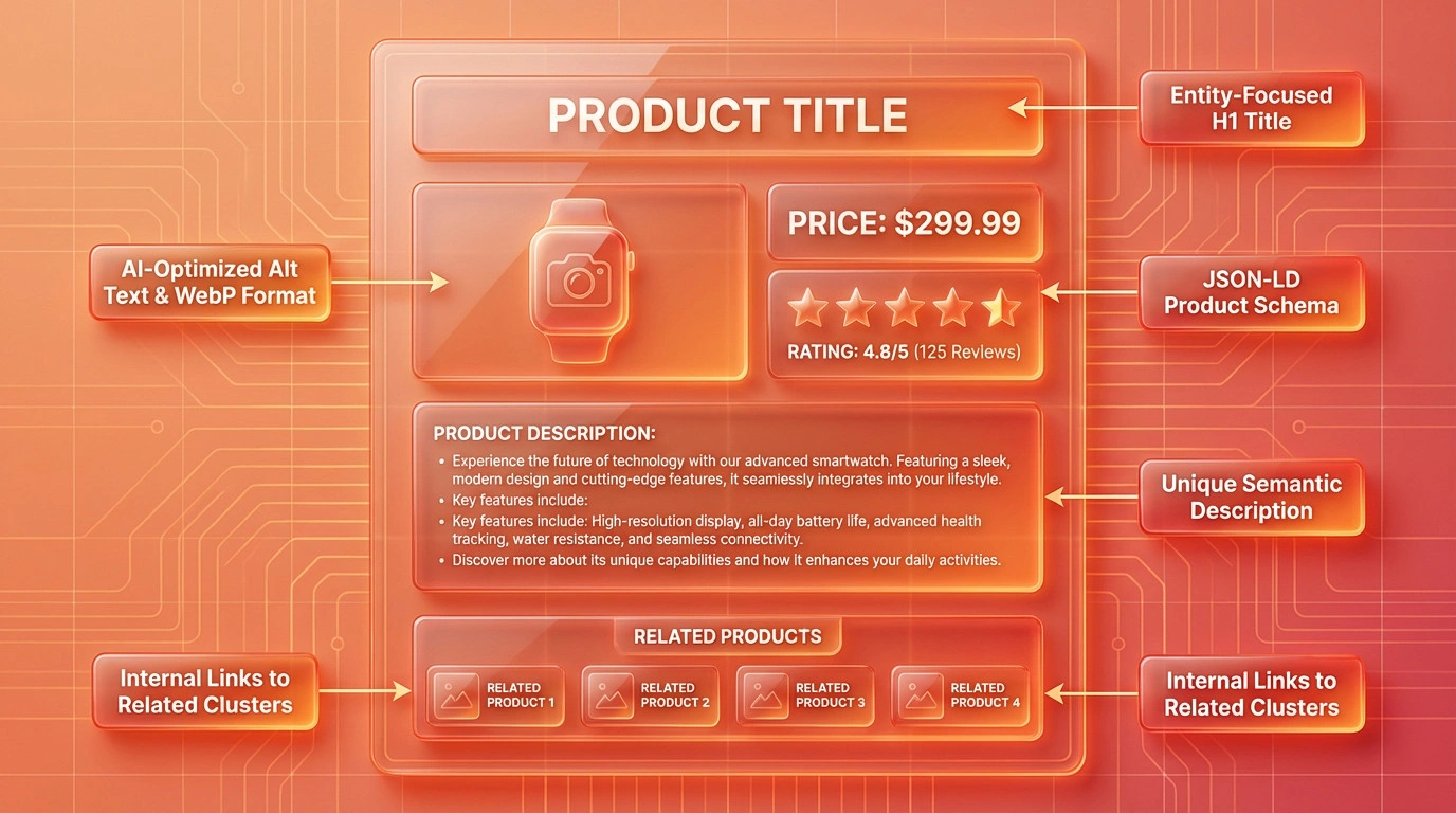 Diagram of an ecommerce product page highlighting optimized titles, schema markup, and internal linking