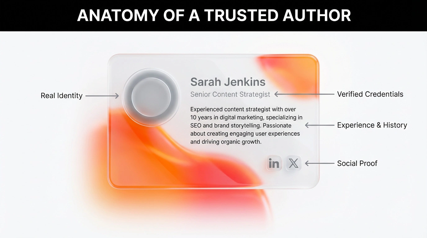 Mockup of an optimized WordPress author profile card showing name, photo, credentials, and social links File Name: optimized-wordpress-author-bio-example