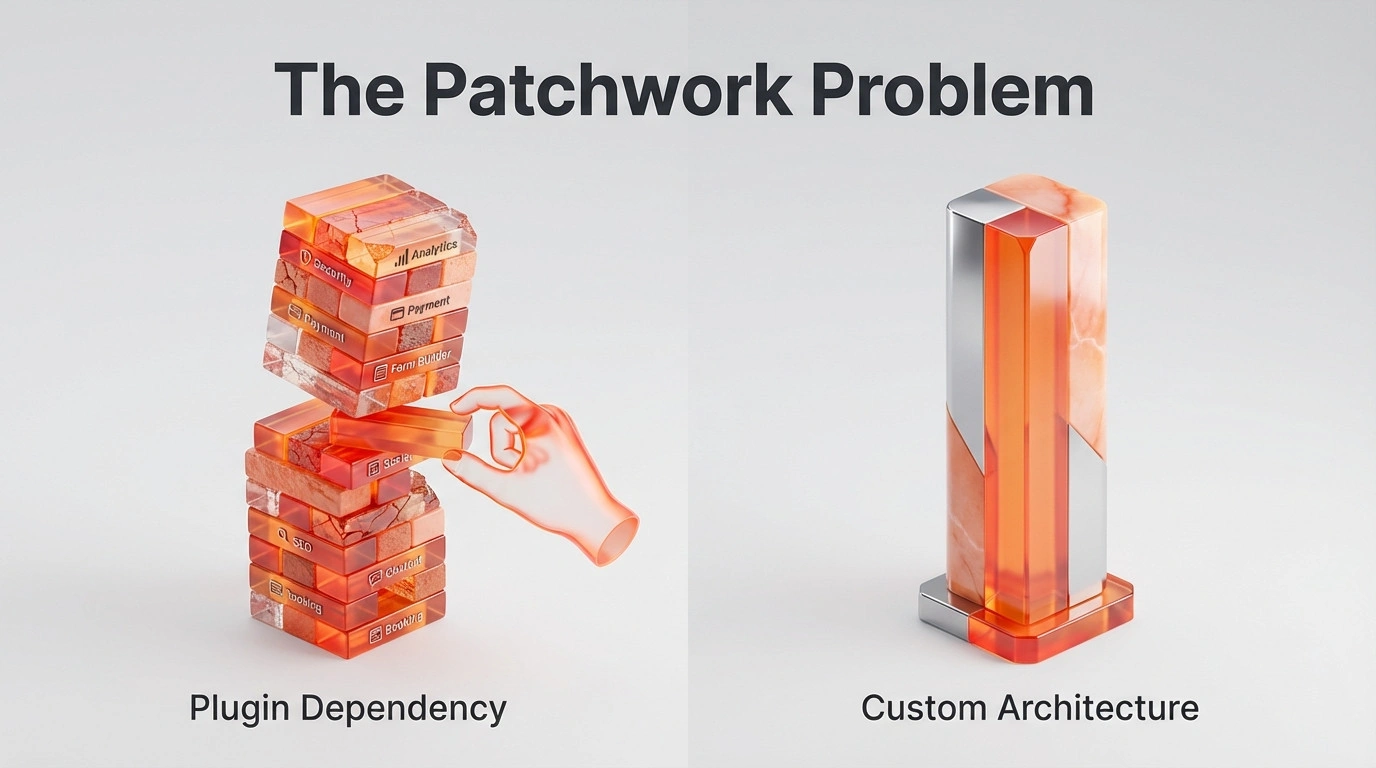 Comparison of a shaky tower made of mismatched blocks representing plugins versus a solid monolith representing custom architecture.