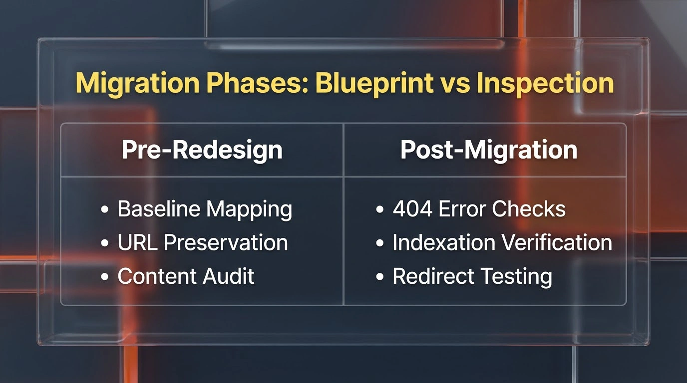 Comparison table highlighting the differences between pre-redesign and post-migration website audits