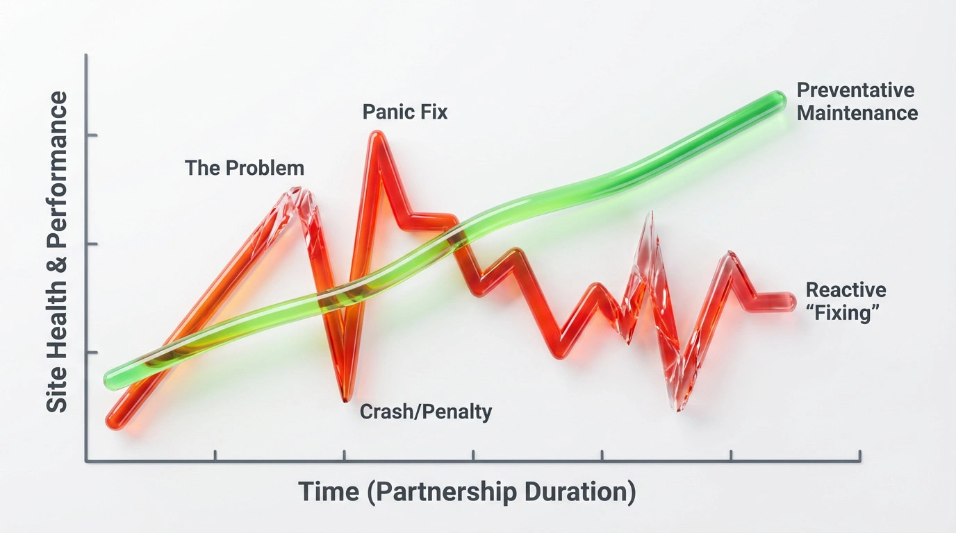 Line graph comparing volatile reactive SEO maintenance against steady proactive optimization.