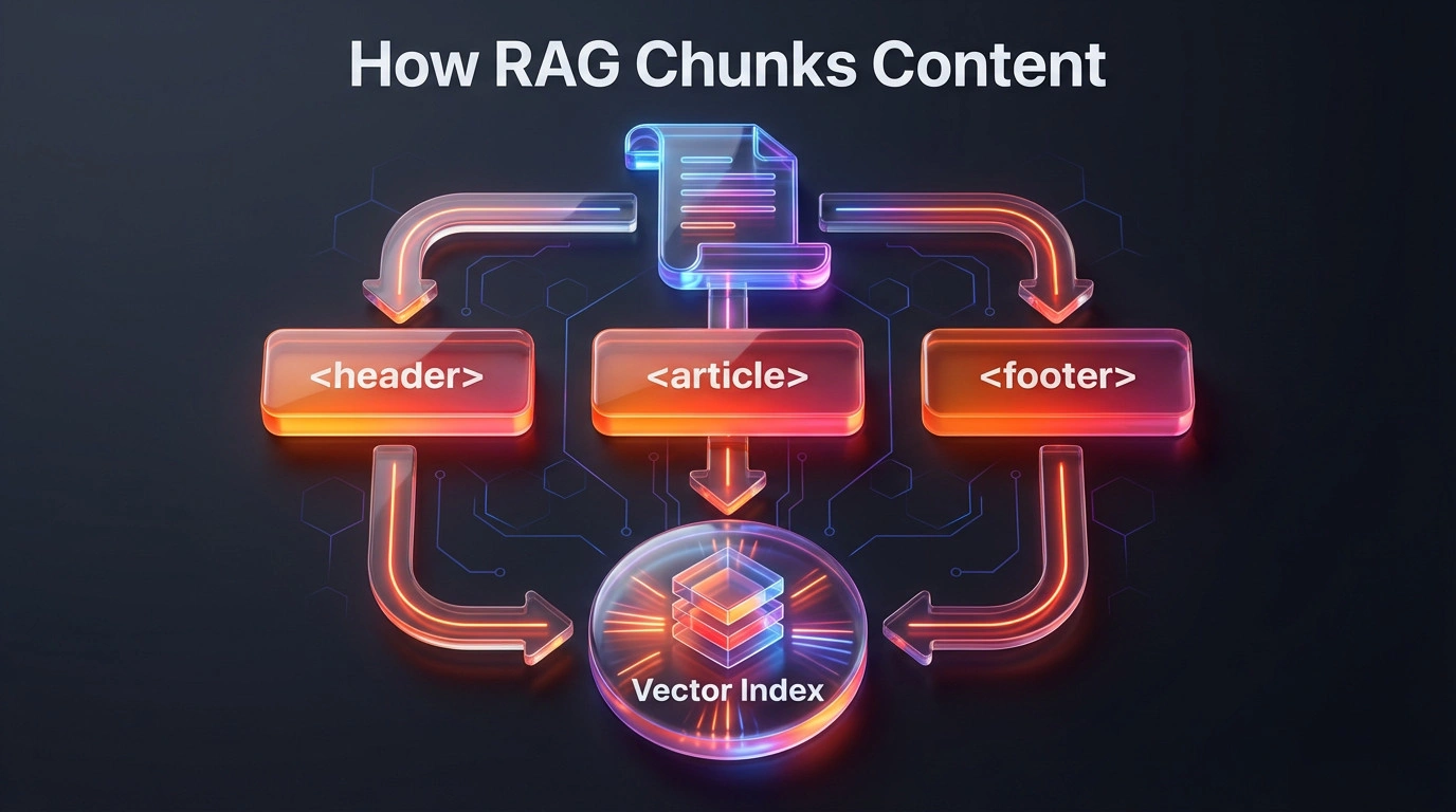 Flowchart demonstrating how retrieval augmented generation breaks down semantic HTML into processing chunks