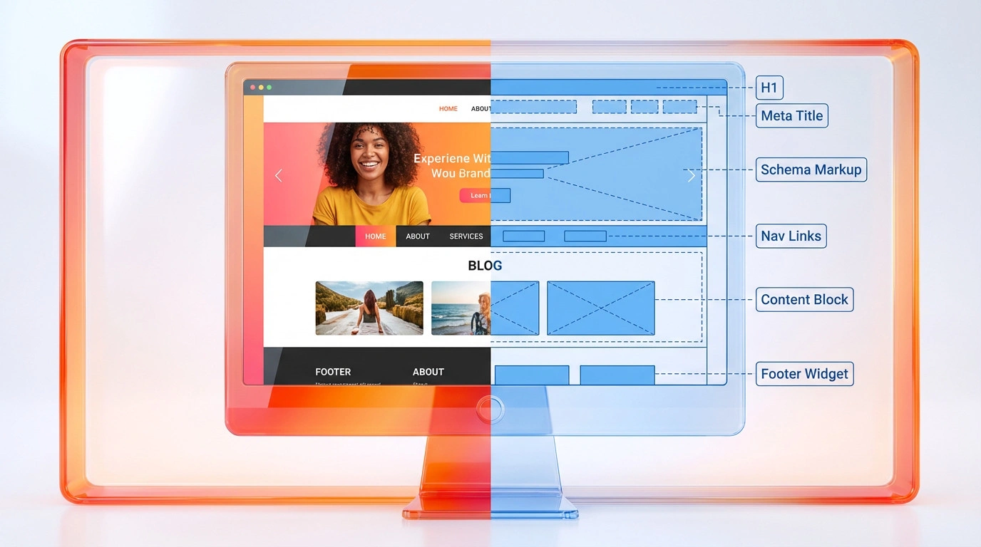 Illustration showing a website interface transitioning into a technical blueprint wireframe