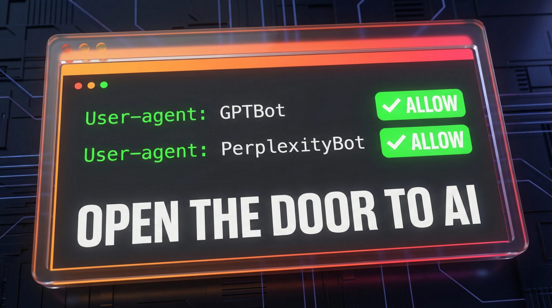 Robots.txt code snippet showing allowed permissions for major AI crawlers.
