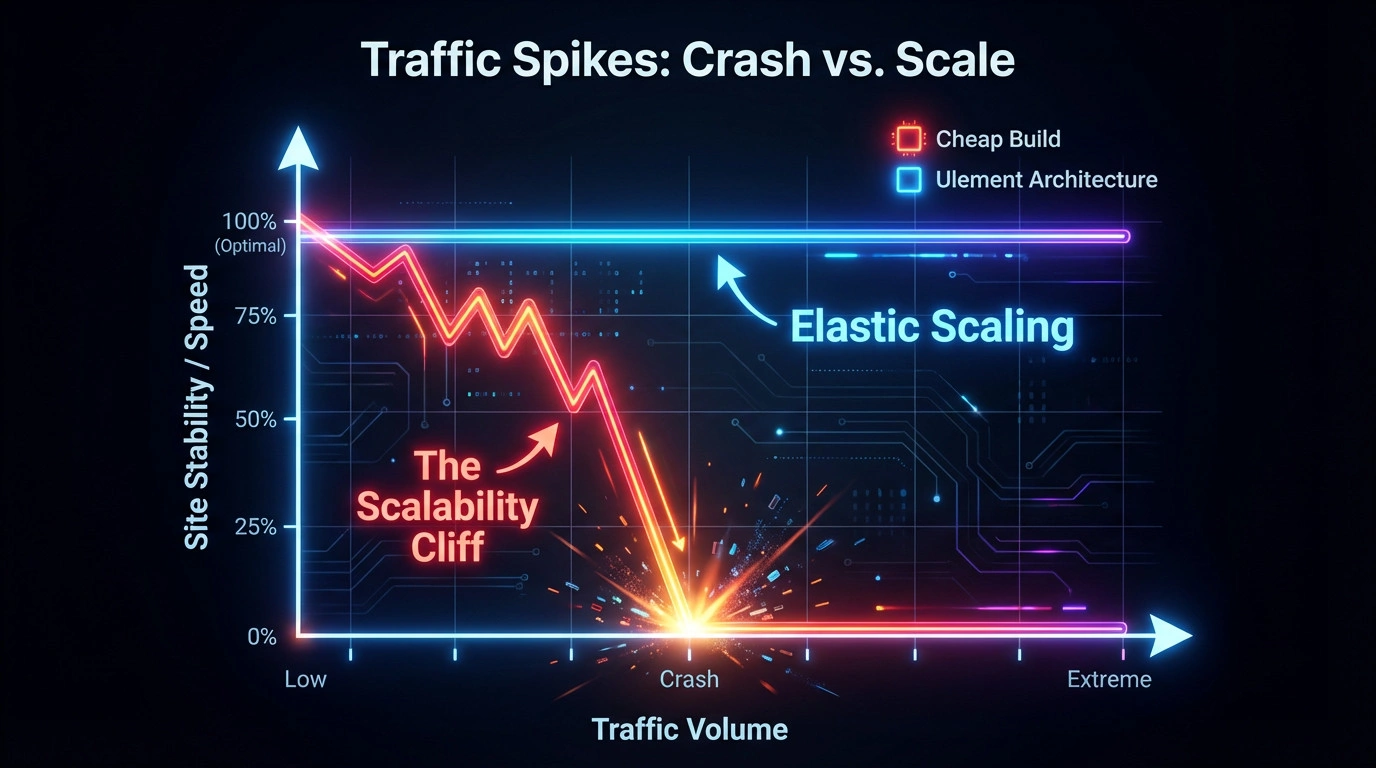 Line graph showing website performance during a traffic spike; one line crashes while the other remains stable.