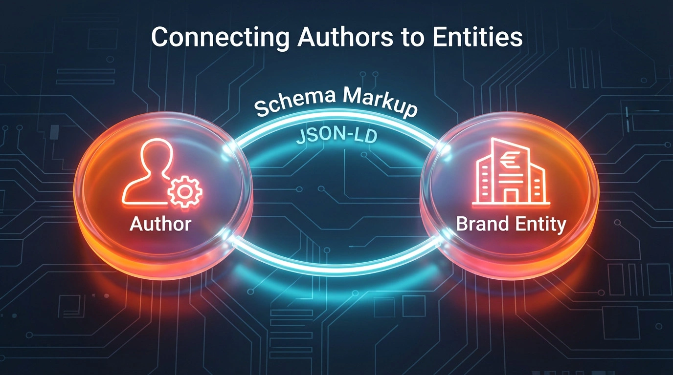 Conceptual illustration of how schema markup connects an author to a brand organization for search engines