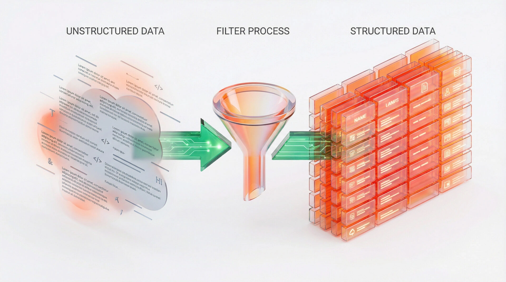 An illustration showing unstructured text transforming into structured data grids.