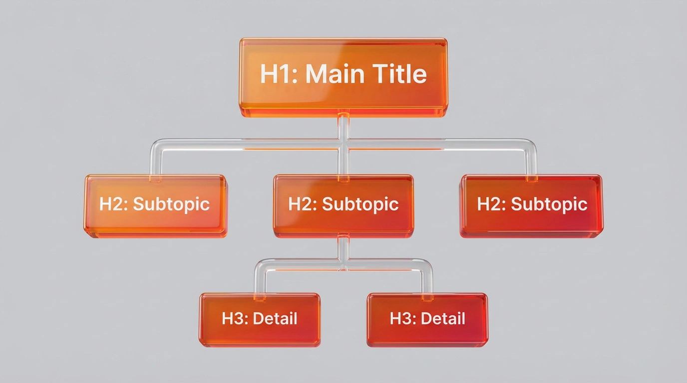 Tree diagram illustrating the hierarchy of H1, H2, and H3 HTML tags