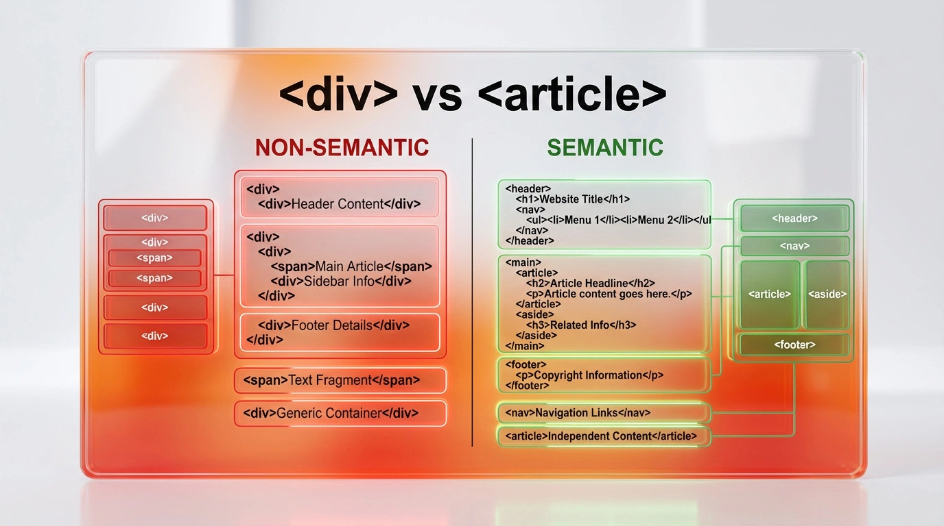 Comparison table illustrating non semantic generic tags versus semantic HTML structural tags