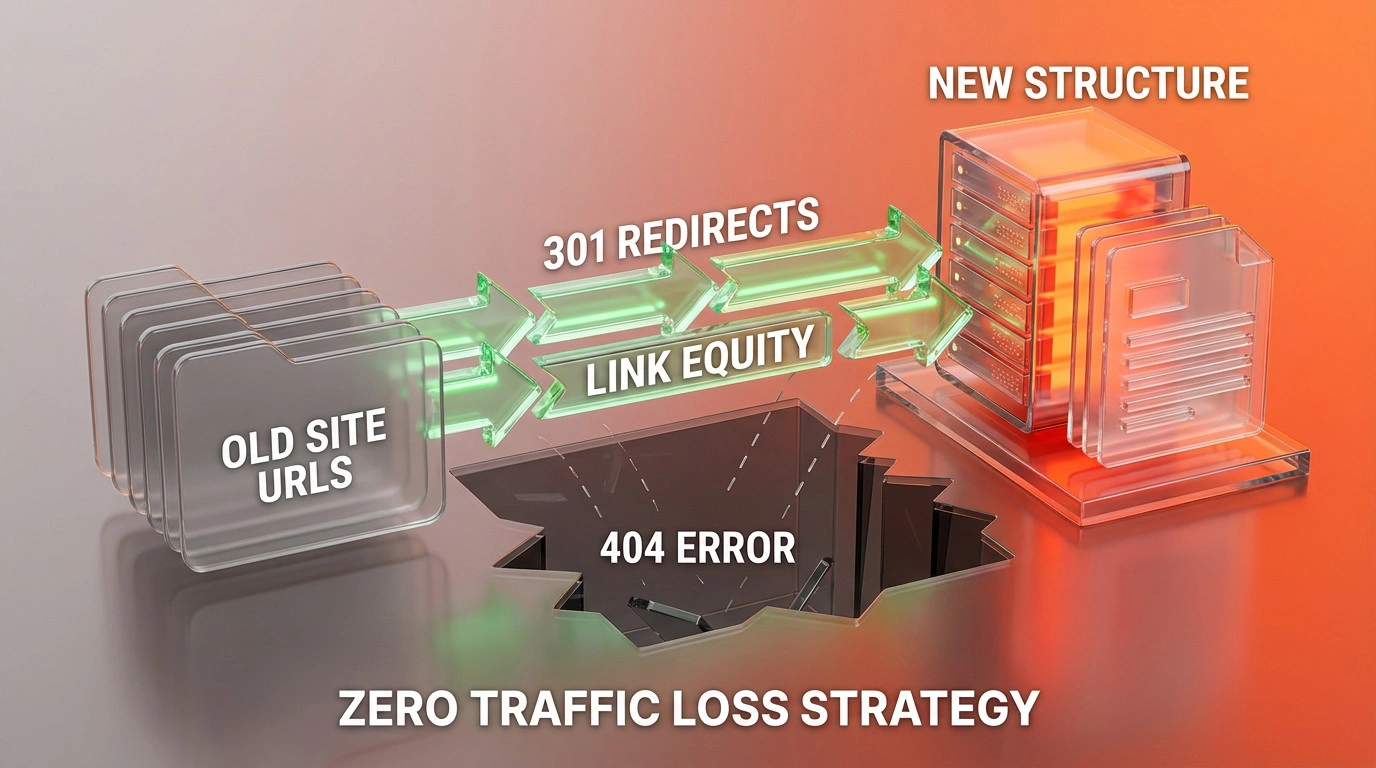 Illustration showing 301 redirects transferring value from old urls to new urls