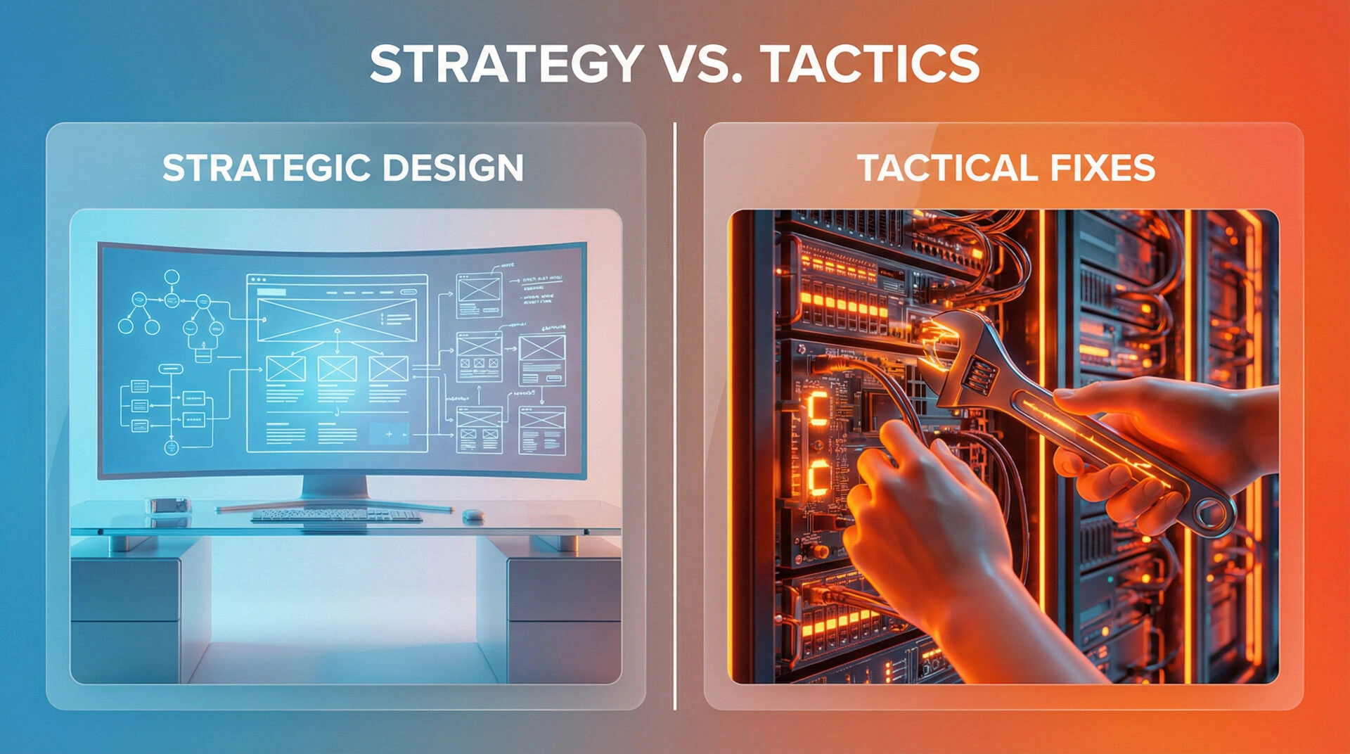 Side by side comparison of a strategic SEO architect with blueprints and a tactical specialist performing maintenance.