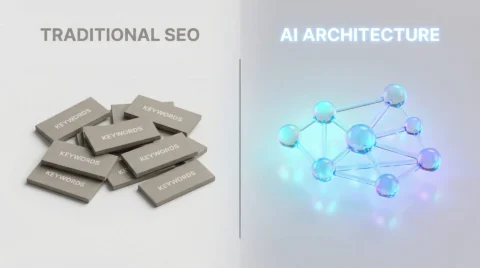 Split screen comparing old keyword blocks on the left with a futuristic neural network structure on the right