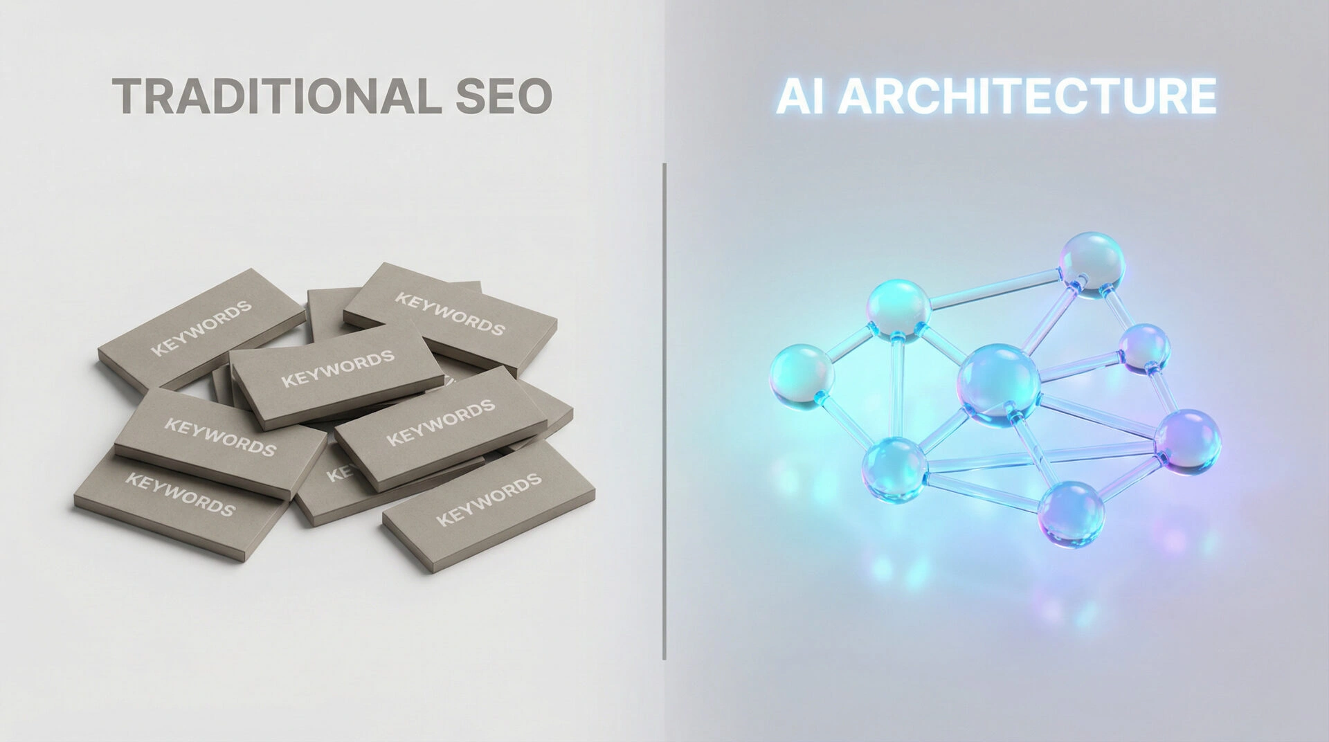 Split screen comparing old keyword blocks on the left with a futuristic neural network structure on the right