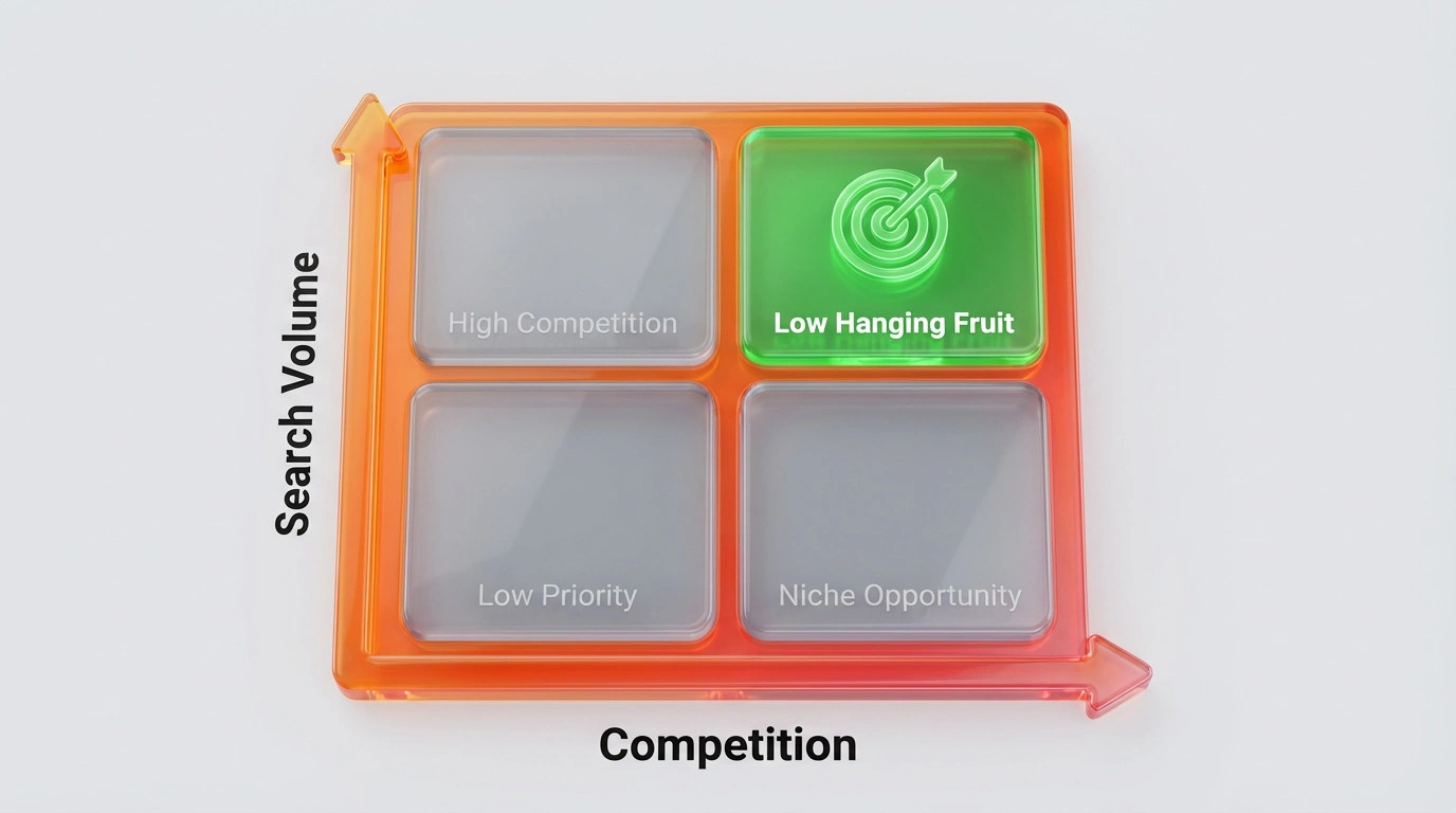 Matrix chart identifying high search volume and low competition keywords