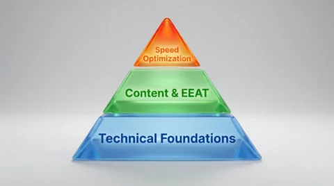 A pyramid diagram illustrating the hierarchy of SEO priorities with technical foundations at the base and speed at the peak.
