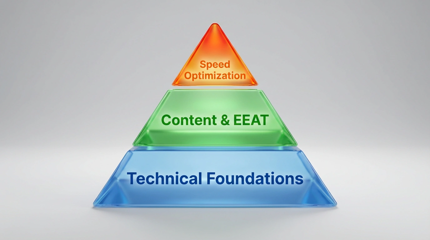 A pyramid diagram illustrating the hierarchy of SEO priorities with technical foundations at the base and speed at the peak.