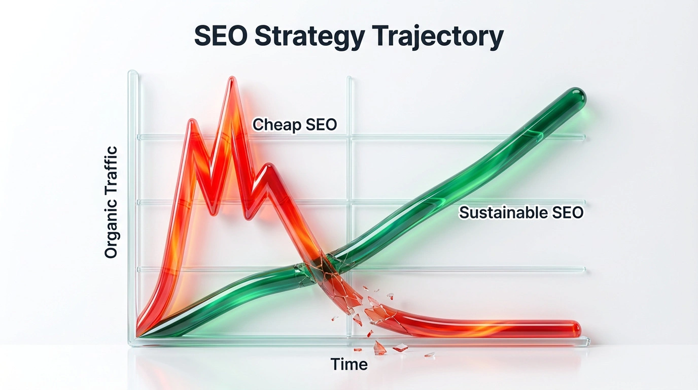 Line graph comparing the traffic spike and crash of cheap SEO strategies versus the steady growth of sustainable SEO strategies.